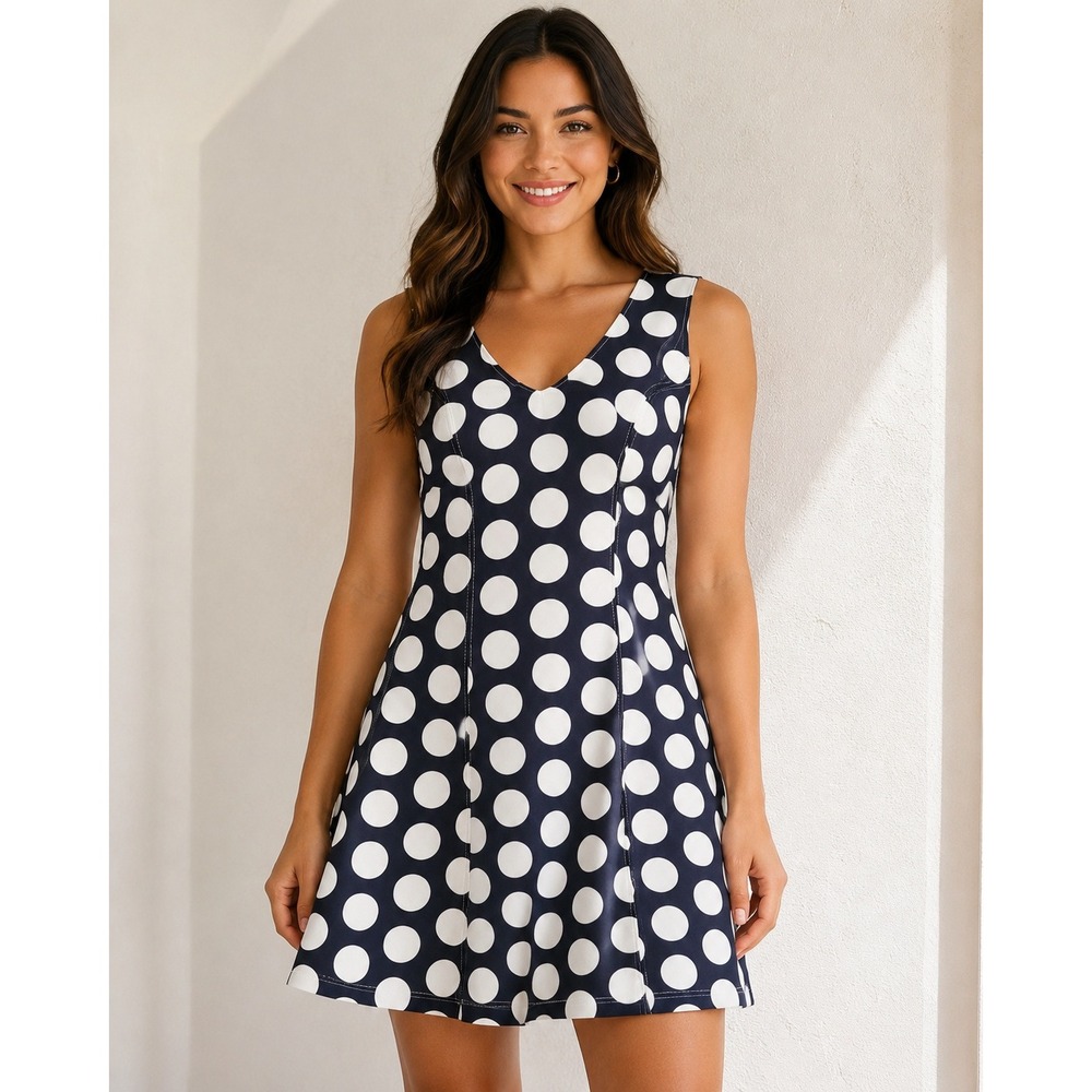 INC International Concepts Dress Women PS Navy White Polka Dot V-Neck Fit Flare